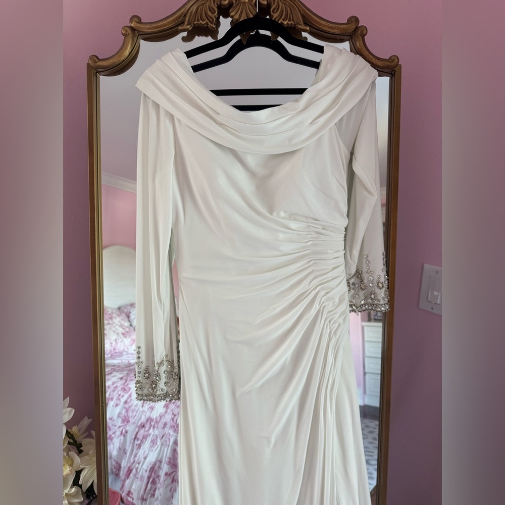 Mac Duggal Size 8  Beaded Cuff Drop Shoulder Faux Wrap White Gown.